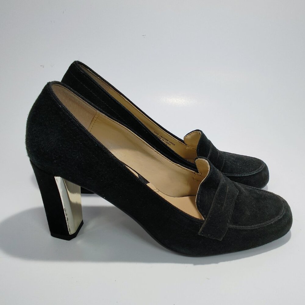 Adrienne‎ Vittadini Women's Size 6M Black Suede Penny Loafer Block Heels